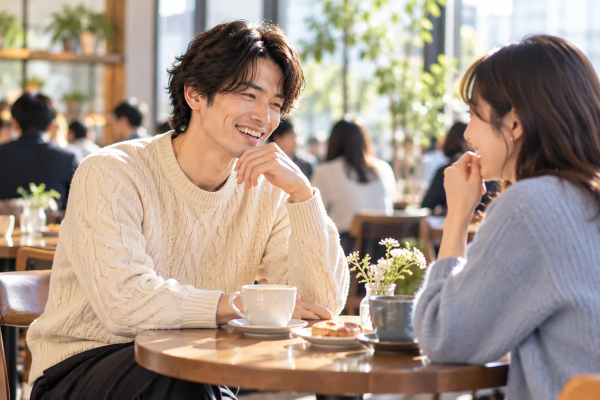 昼間のにぎやかなカフェで初デートの女性とコーヒーを飲み、短い時間で楽しく会話するクリーム色のニットの男性