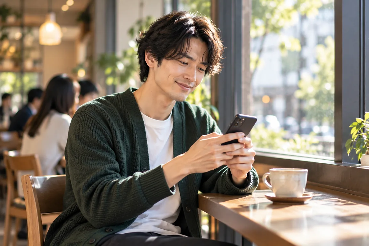 カフェの窓際席で穏やかに微笑み、相手の話題を拾って開いた質問を返す最初の3往復を考えている緑のカーディガンの男性
