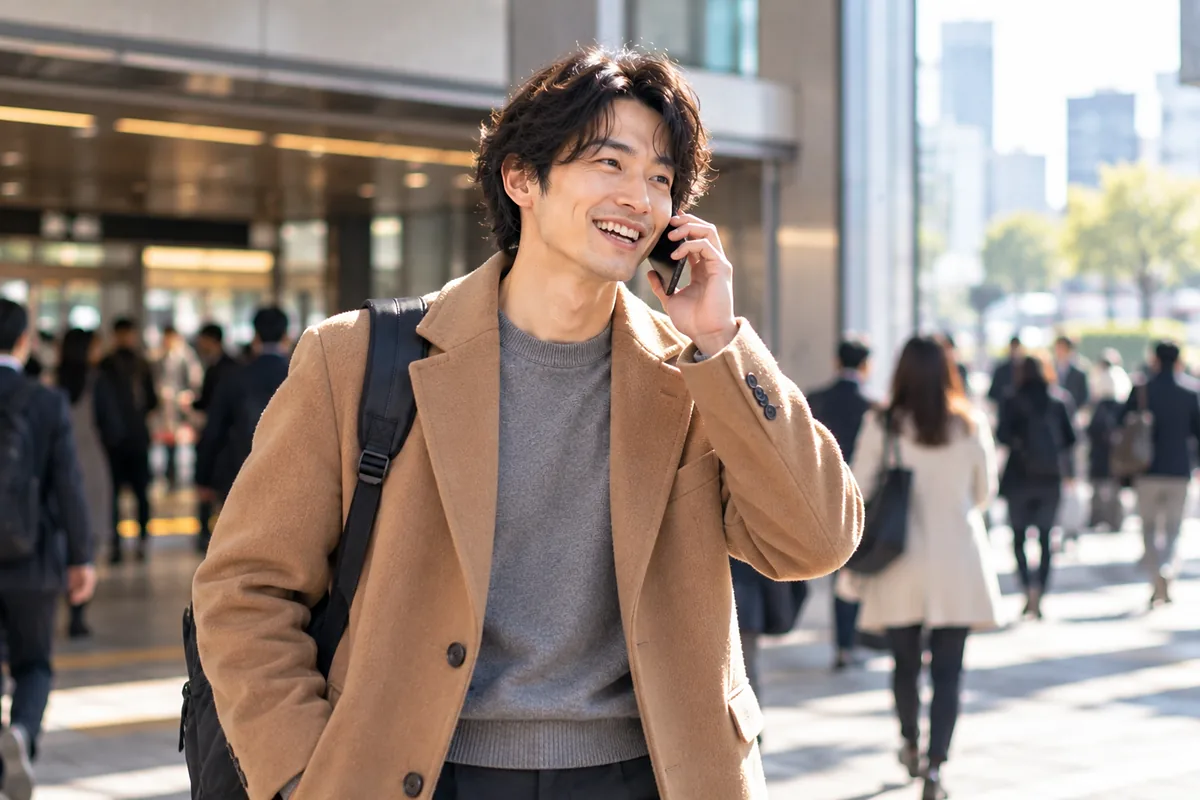 昼間の駅前で電話をかけ、明るい表情で正直かつ具体的に週末のデートを提案しているキャメルコートの男性