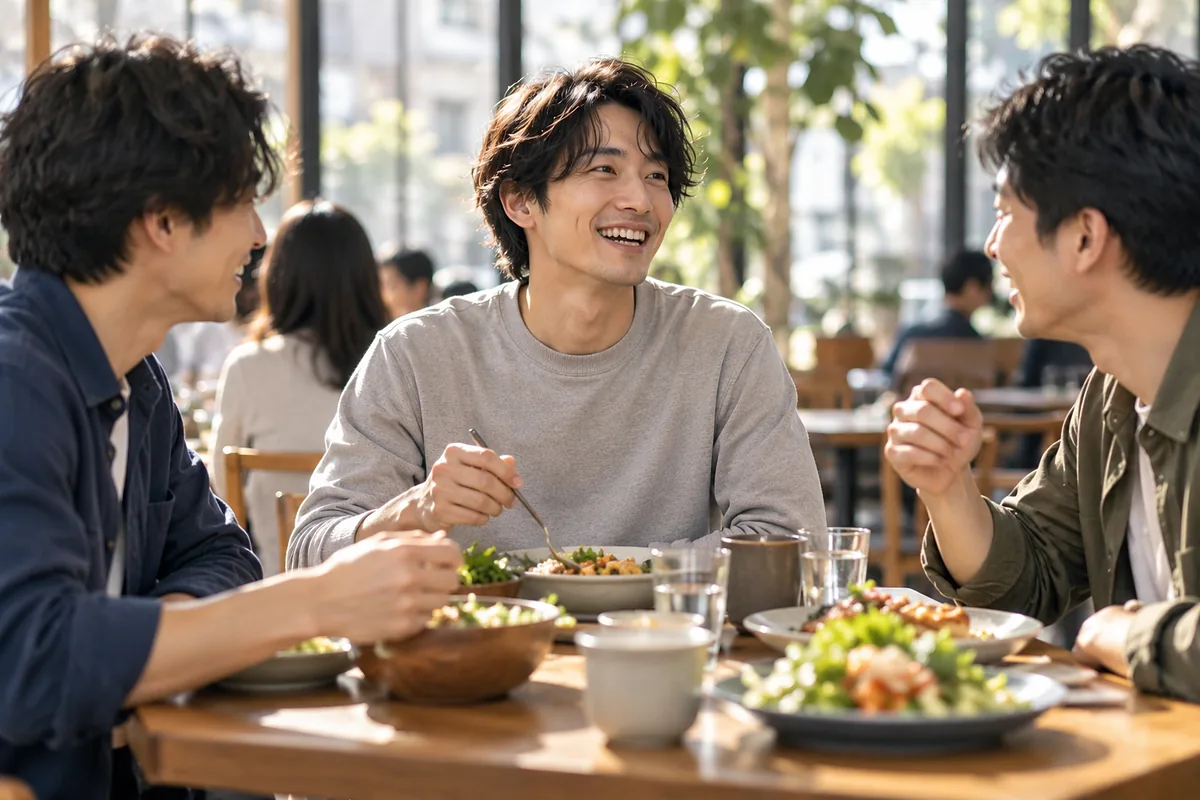 ランチの席で男友達2人と笑い合い、メッセージが続かない悩みを打ち明けてほっとしているグレーのスウェットの男性