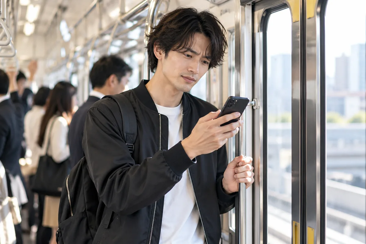 通勤電車のドア付近でスマホを見つめ、やりとりが途中で途切れてしまった理由を振り返る黒いボンバージャケットの男性