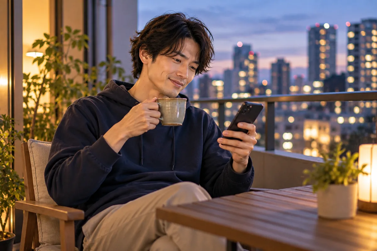 夜のベランダで温かいお茶を飲みながら、1日15分だけメッセージに向き合う習慣を続けるネイビーのパーカーの男性