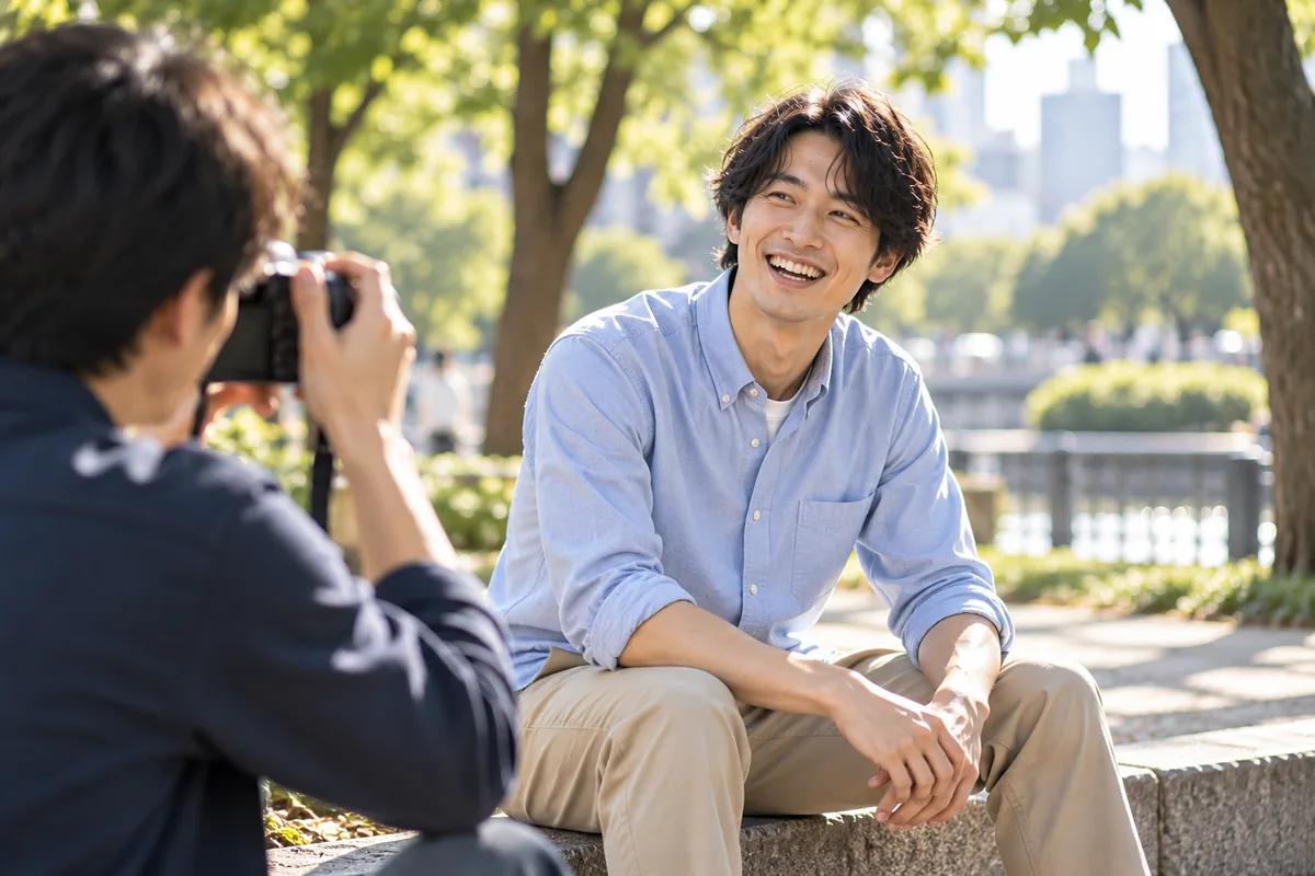 日差しの差す公園で友人にカメラを向けられて笑い、話しかけやすいプロフィール写真を撮ってもらう青いシャツの男性