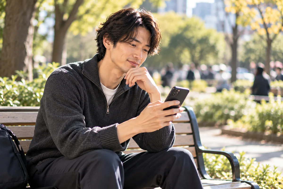 昼の公園のベンチで届いたメッセージを冷静に読み、業者や投資勧誘でないか慎重に見極めるチャコールのニットの男性