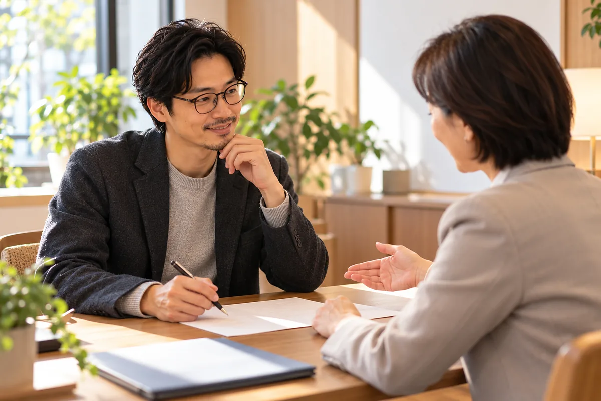 明るい相談室で中立的なファイナンシャル相談員と向き合い、家計と資産形成について穏やかに相談するジャケット姿の男性