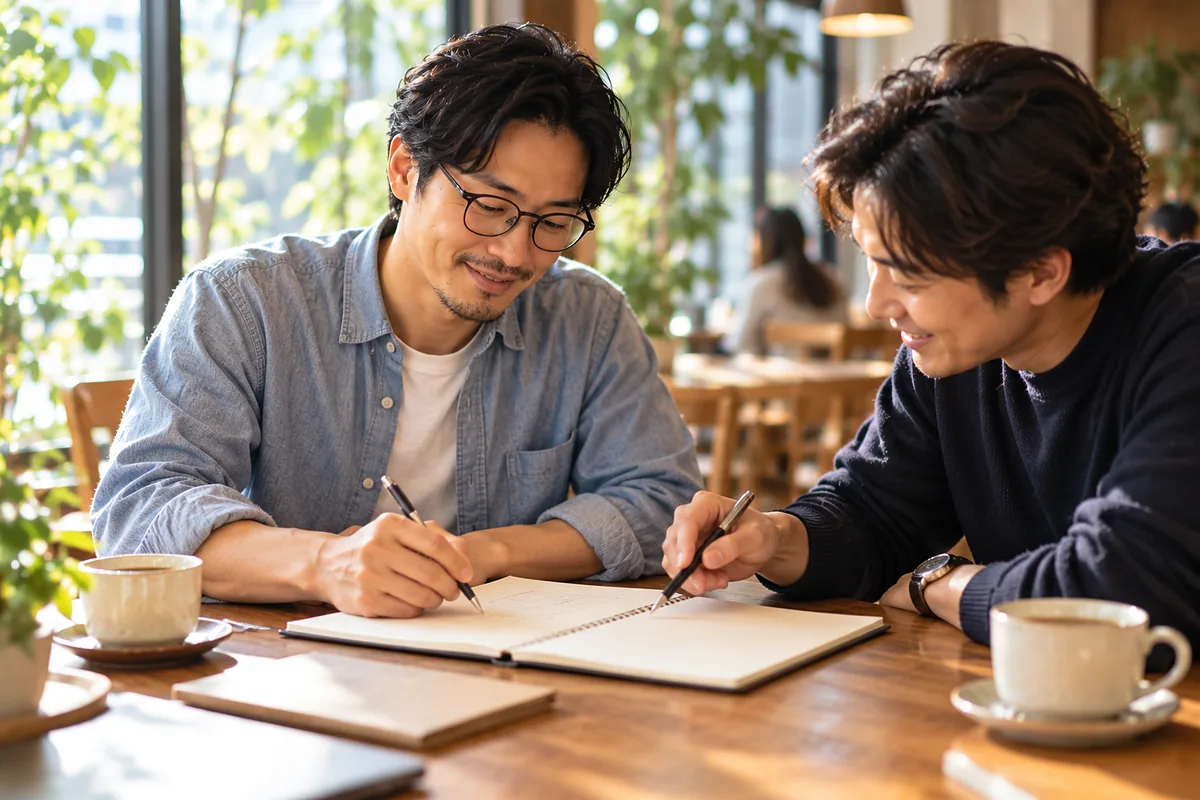 明るいカフェで友人とノートを囲み、ライフステージ別の配分やお金の置き場所について話し合うシャンブレーシャツの男性