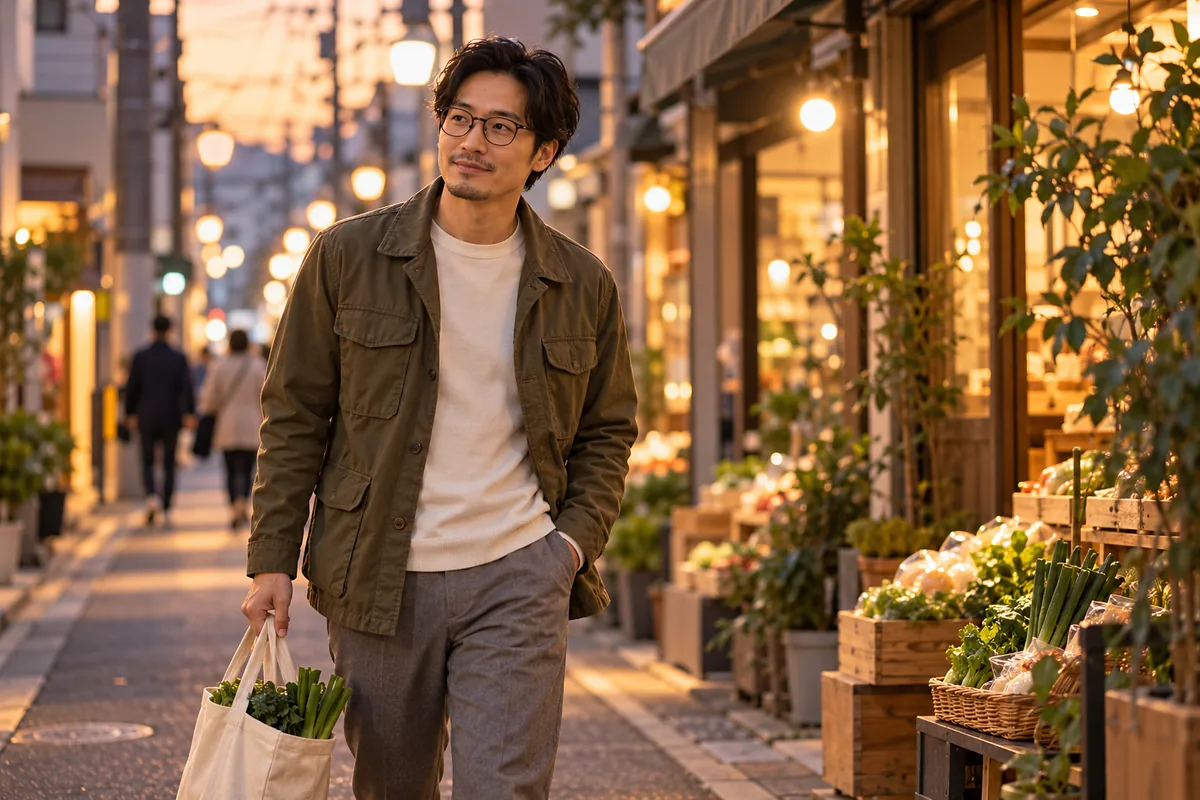 夕暮れの商店街をエコバッグを提げて歩きながら、投資と毎日の暮らしのバランスを考えるフィールドジャケットの男性