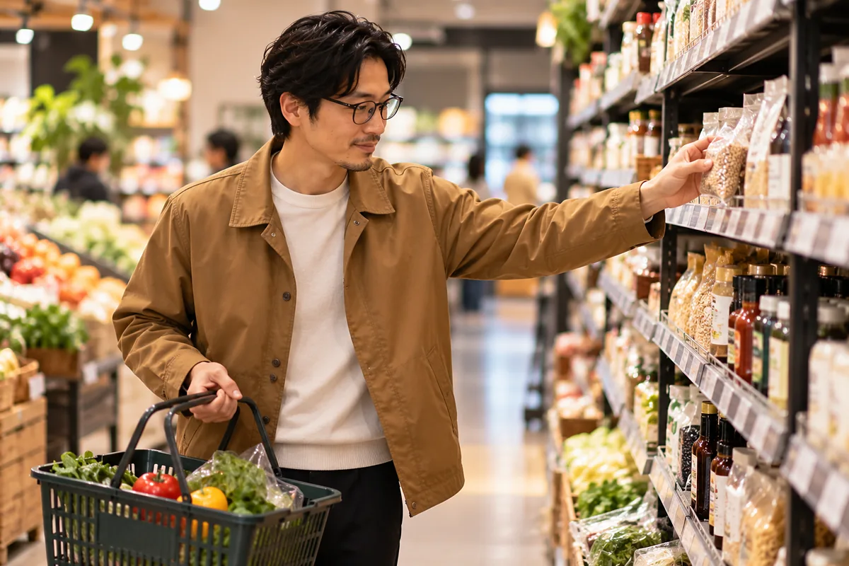スーパーの通路で手に取った商品を棚に戻し、節約しすぎず無理のない買い物を意識するキャメルのジャケットの男性