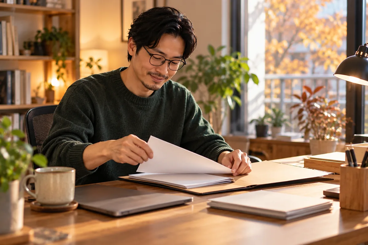 晩秋の自宅の作業スペースで書類をフォルダーに整理し、年末調整やiDeCoの変更点を確認する緑のニットの30代男性