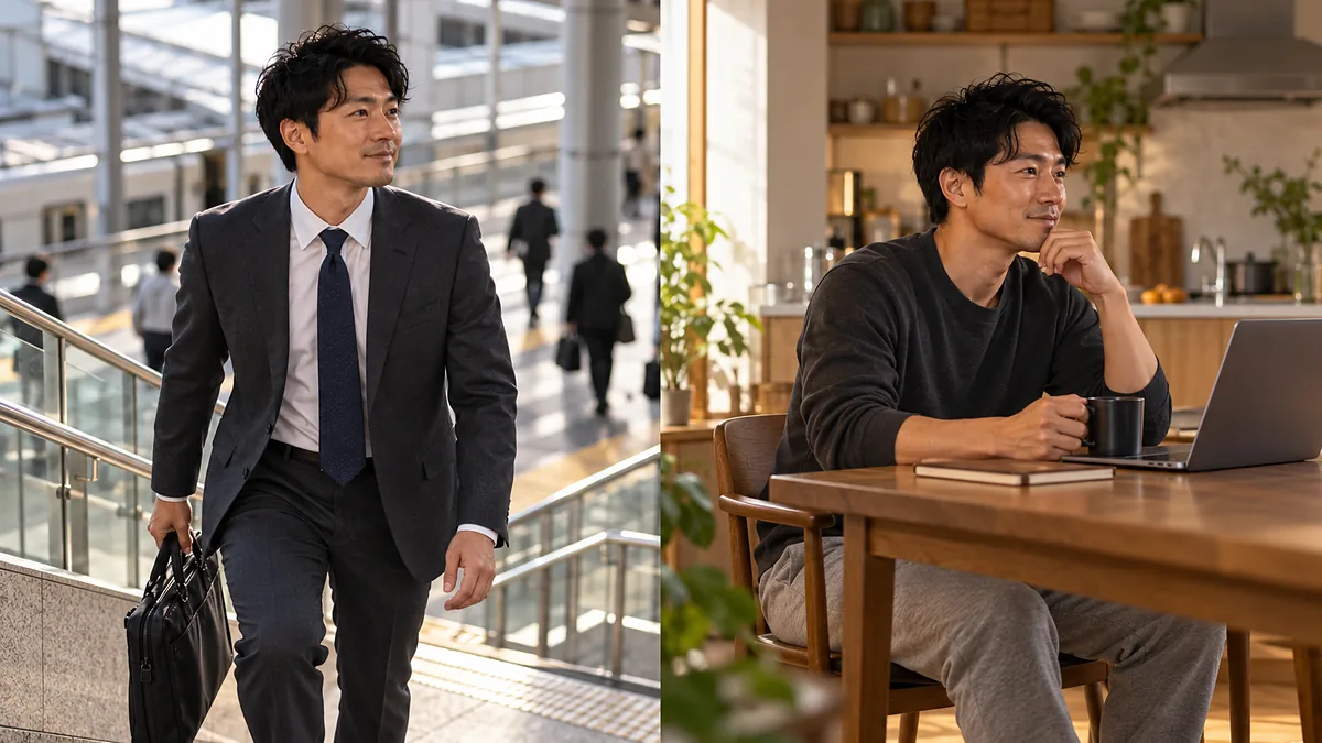 駅の階段をスーツで上る出社日と、自宅のダイニングでPCに向かい座ったままの在宅日を並べた男性の比較