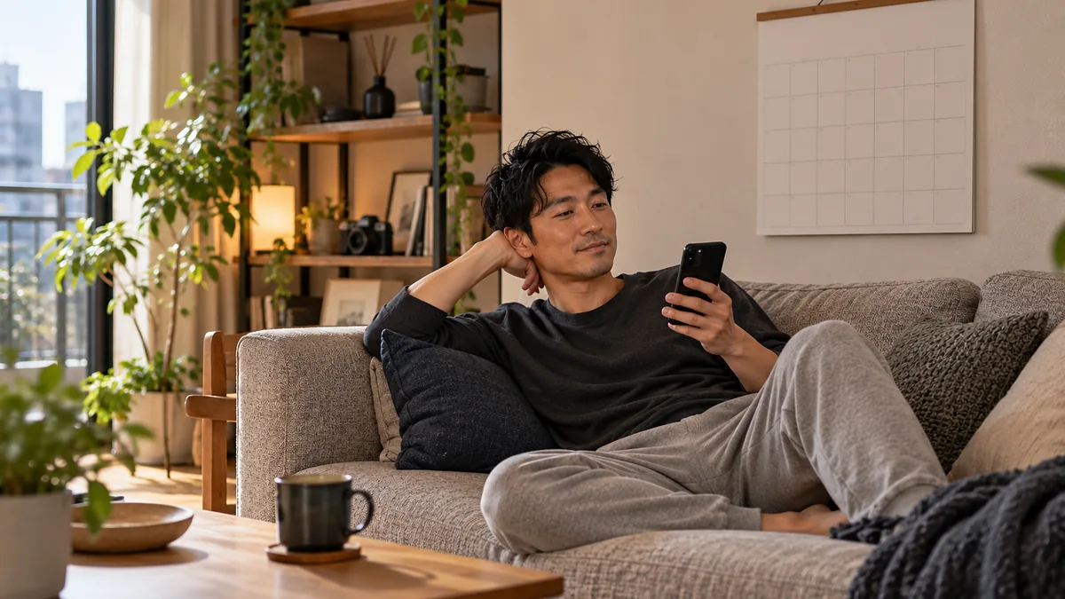 白紙の壁掛けカレンダーを背に、ソファでくつろぎながらスマホを眺める男性