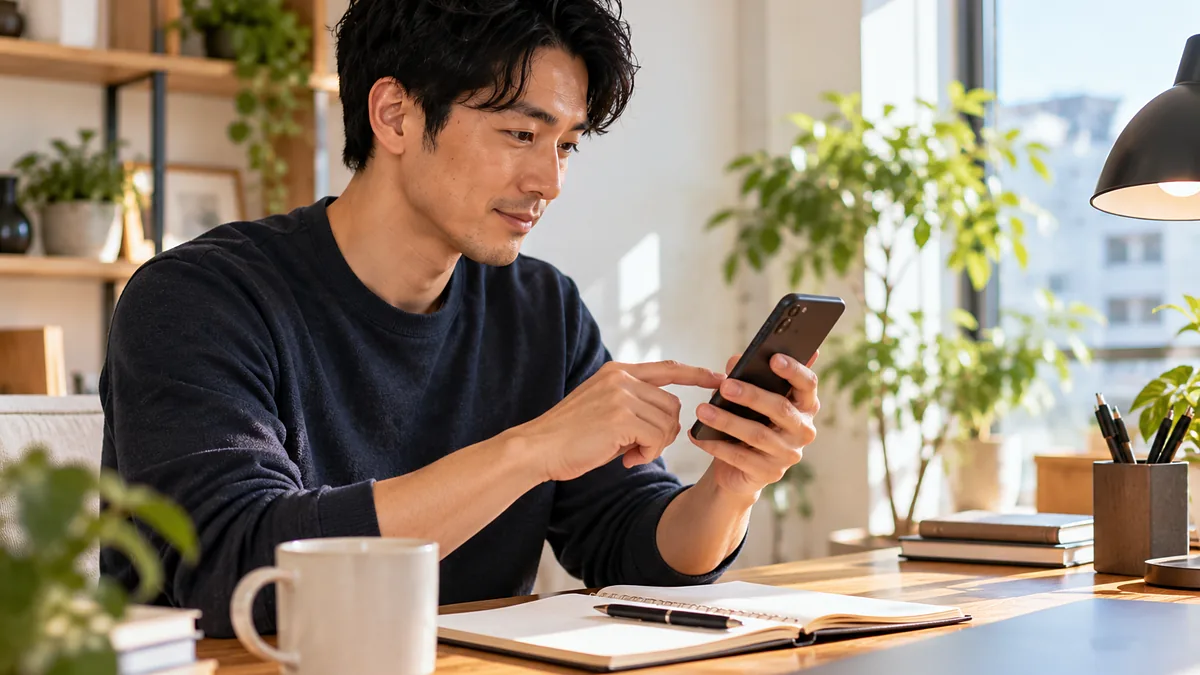 自宅デスクでスマホを操作し、決まった曜日の運動予定を入力する男性