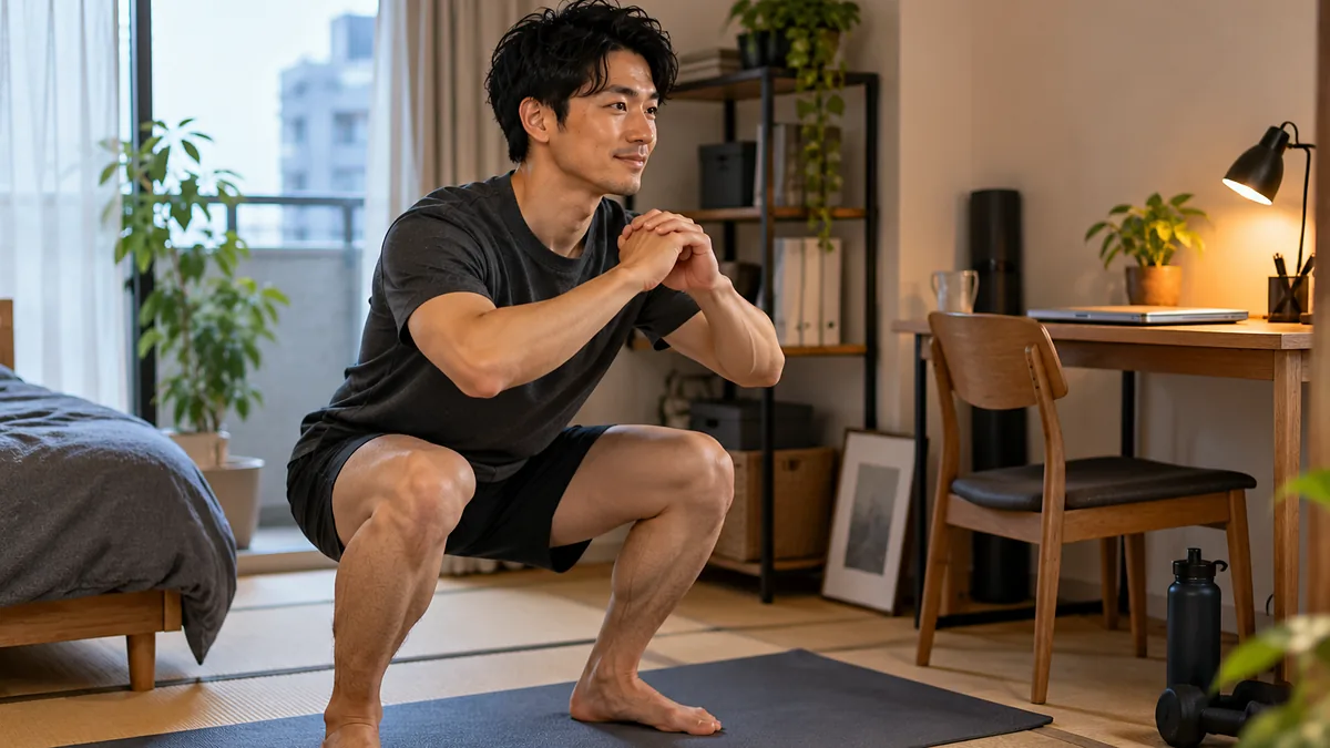 寝室の床に敷いたマットの上で、Tシャツと短パン姿でスクワットをする男性