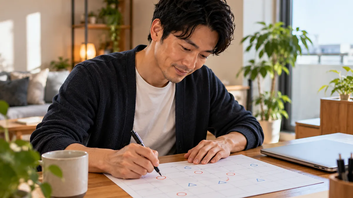 ダイニングテーブルで記録シートに○や△の印をペンで書き込む男性