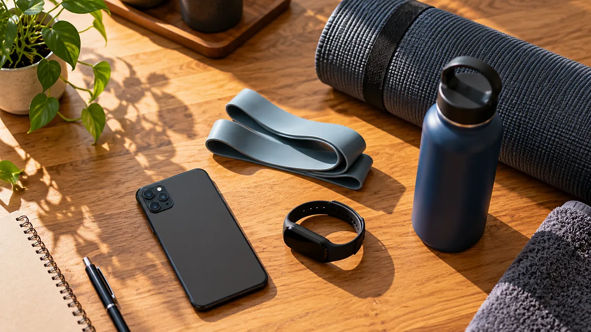 スマホ、活動量計、トレーニングチューブ、水筒、ヨガマットを並べた木のテーブルの俯瞰