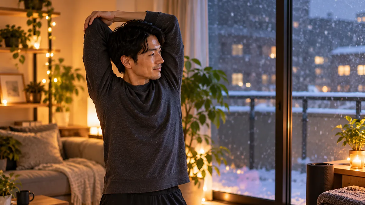 雪の降る夜、暖かな照明のリビングで腕を頭の後ろに回してストレッチする男性