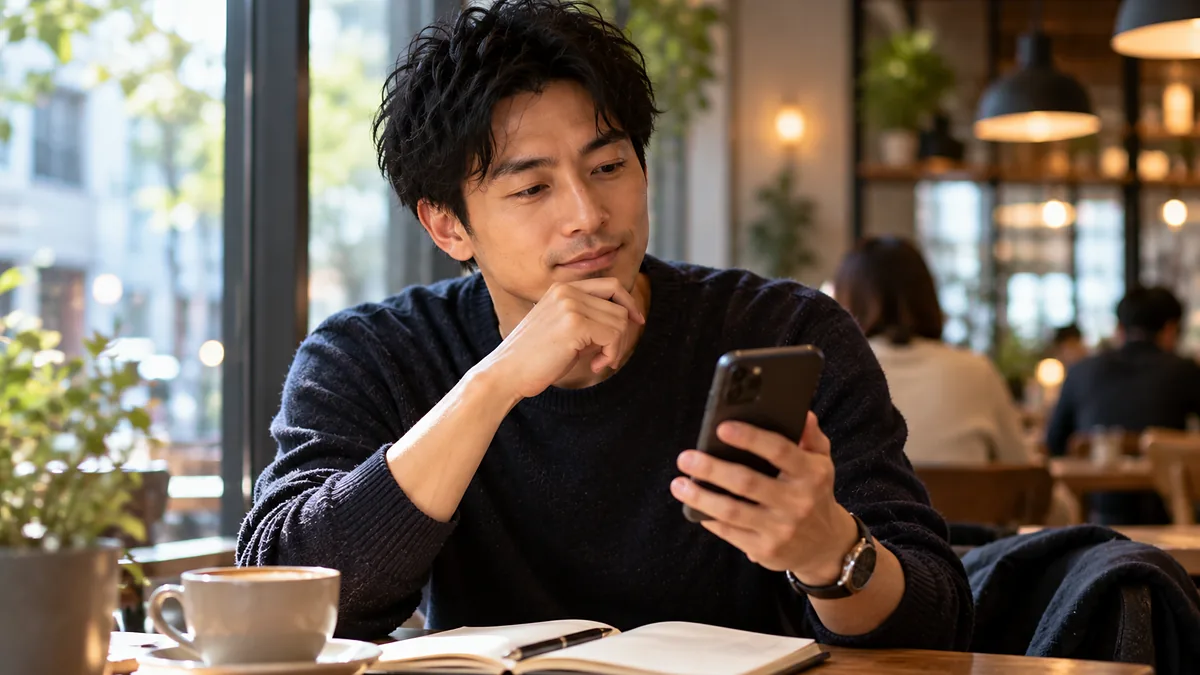 カフェの窓際でコーヒーとノートを置き、スマホを見ながら同年代の相場を確かめる男性