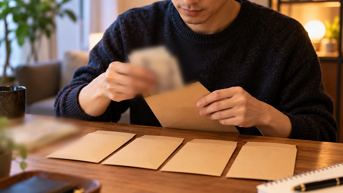 横一列に並べた4つの茶封筒に、手にしたお札を振り分けていく男性の手元