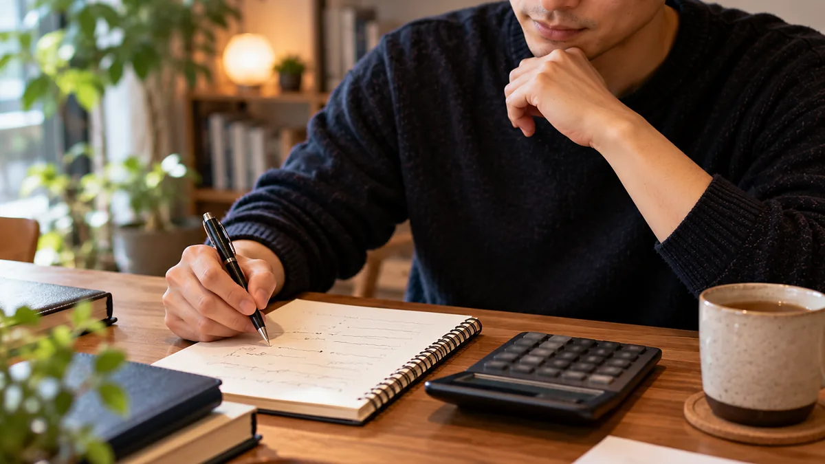 ノートに手書きで金額を書き出しながら、電卓を横に置いて生活費を見積もる男性