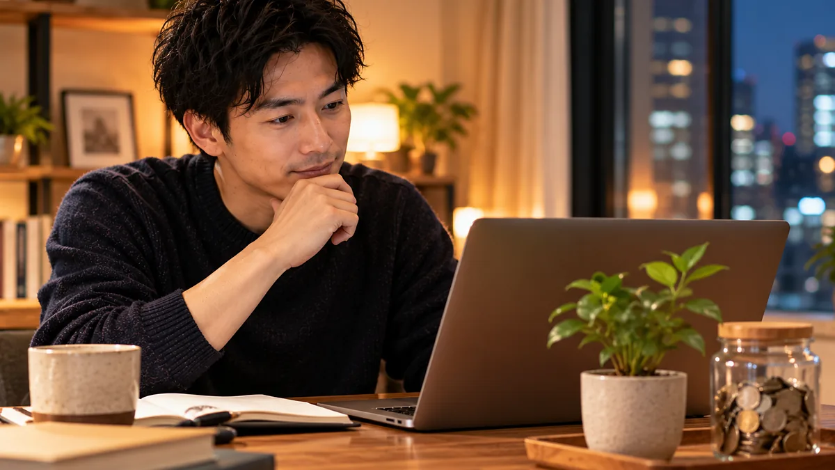 ノートPCの画面を見つめて考える男性と、手前の植木鉢の横に置いた小銭の貯金瓶