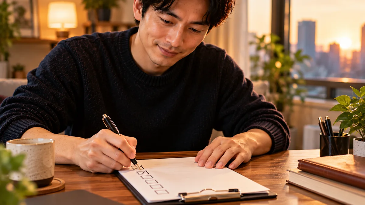 夕方の窓辺でクリップボードのチェックリストにペンで印をつけていく男性