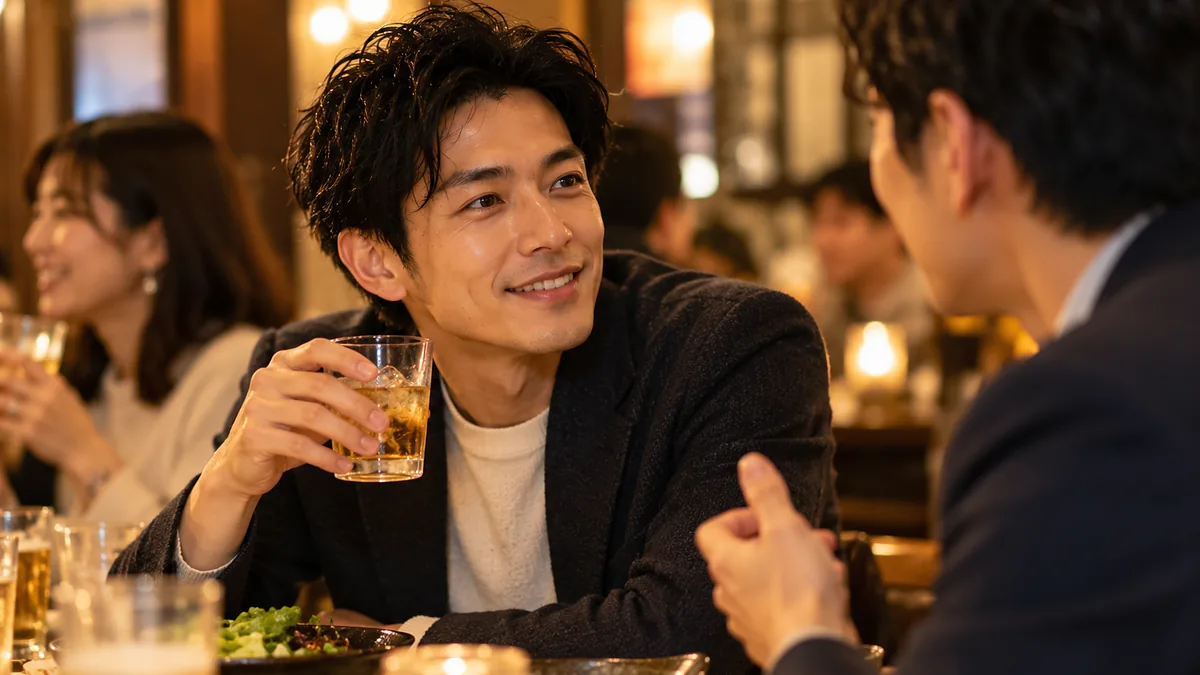 忘年会の席でグラスを手に、向かいの相手と顔の近い距離で笑い合う男性