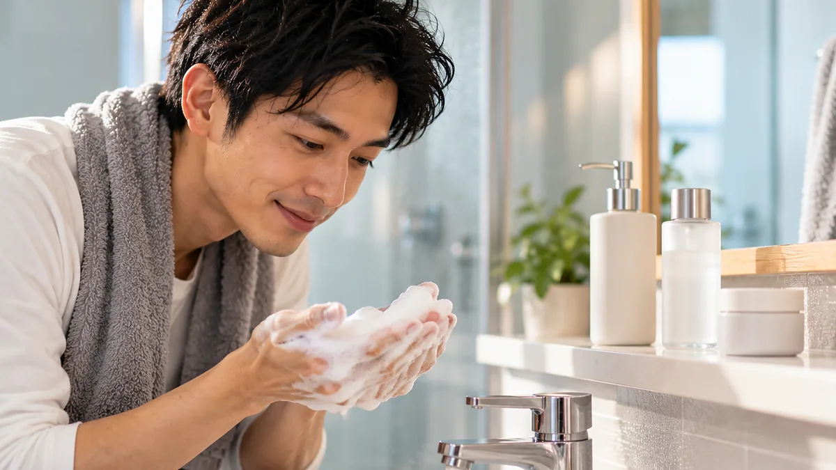 首にタオルをかけ、明るい洗面台で泡立てた洗顔料を手に取る男性
