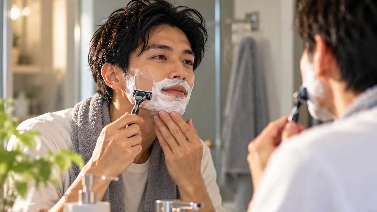 鏡の前でシェービングフォームをつけ、あごのラインに沿ってカミソリを当てる男性