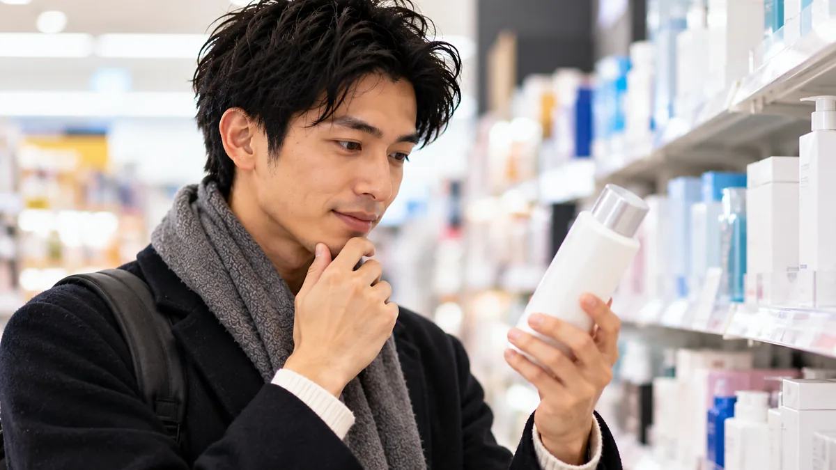ドラッグストアのスキンケア棚の前で、白いボトルを手に取りあごに手を当てて考える男性