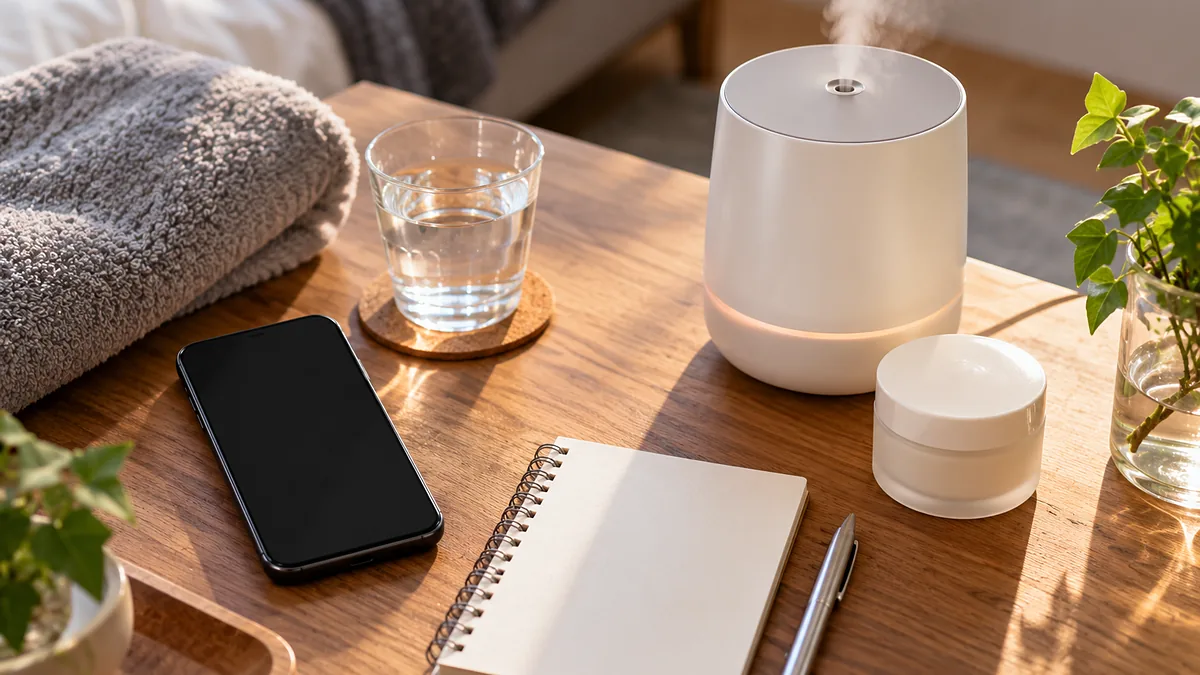 加湿器と水のグラス、スマホとメモ帳を並べた冬の部屋のサイドテーブル