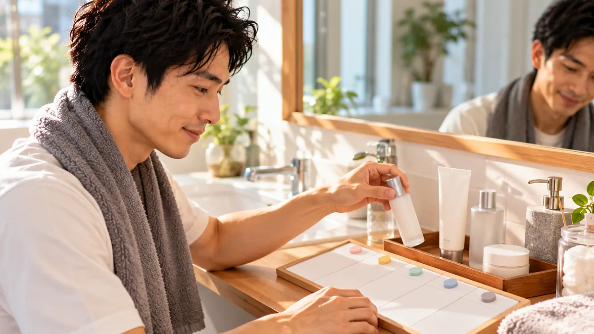 洗面台でボトルを手に取りながら、7マスの習慣ボードにマーカーを置く男性