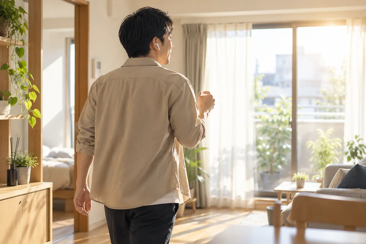 朝日の差す窓辺でイヤホンをつけて歩き出す男性の後ろ姿