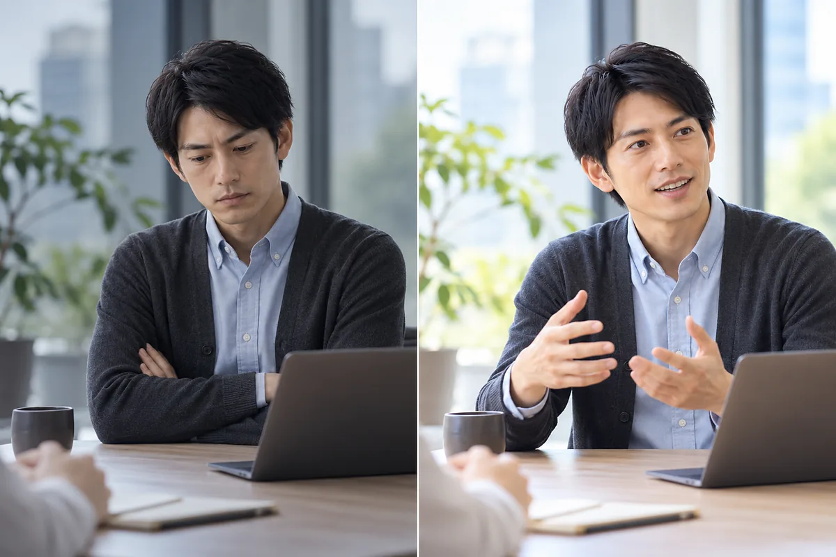 黙り込む様子と、身振りを交えて笑顔で話す様子を左右で対比した日本人男性の写真