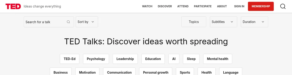 TED公式サイト「TED Talks」一覧ページのスクリーンショット