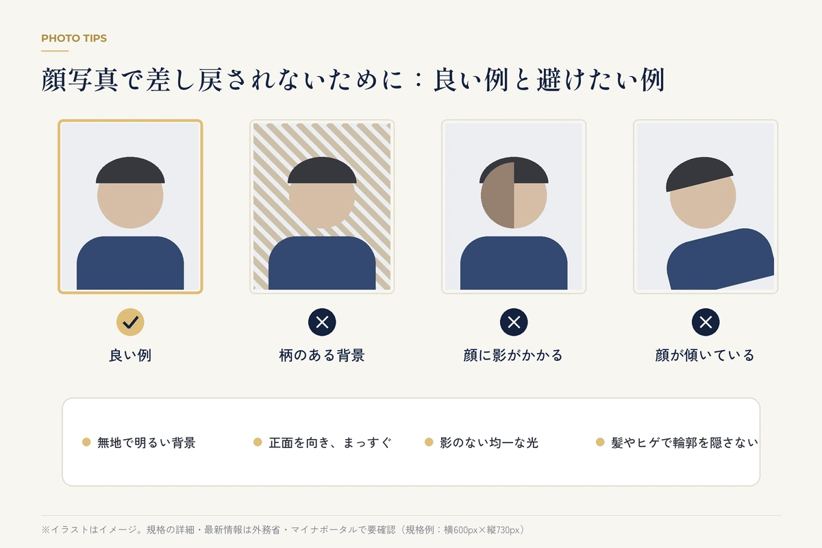 パスポート用顔写真の良い例と、柄のある背景・影・傾きなど避けたい例のイラスト