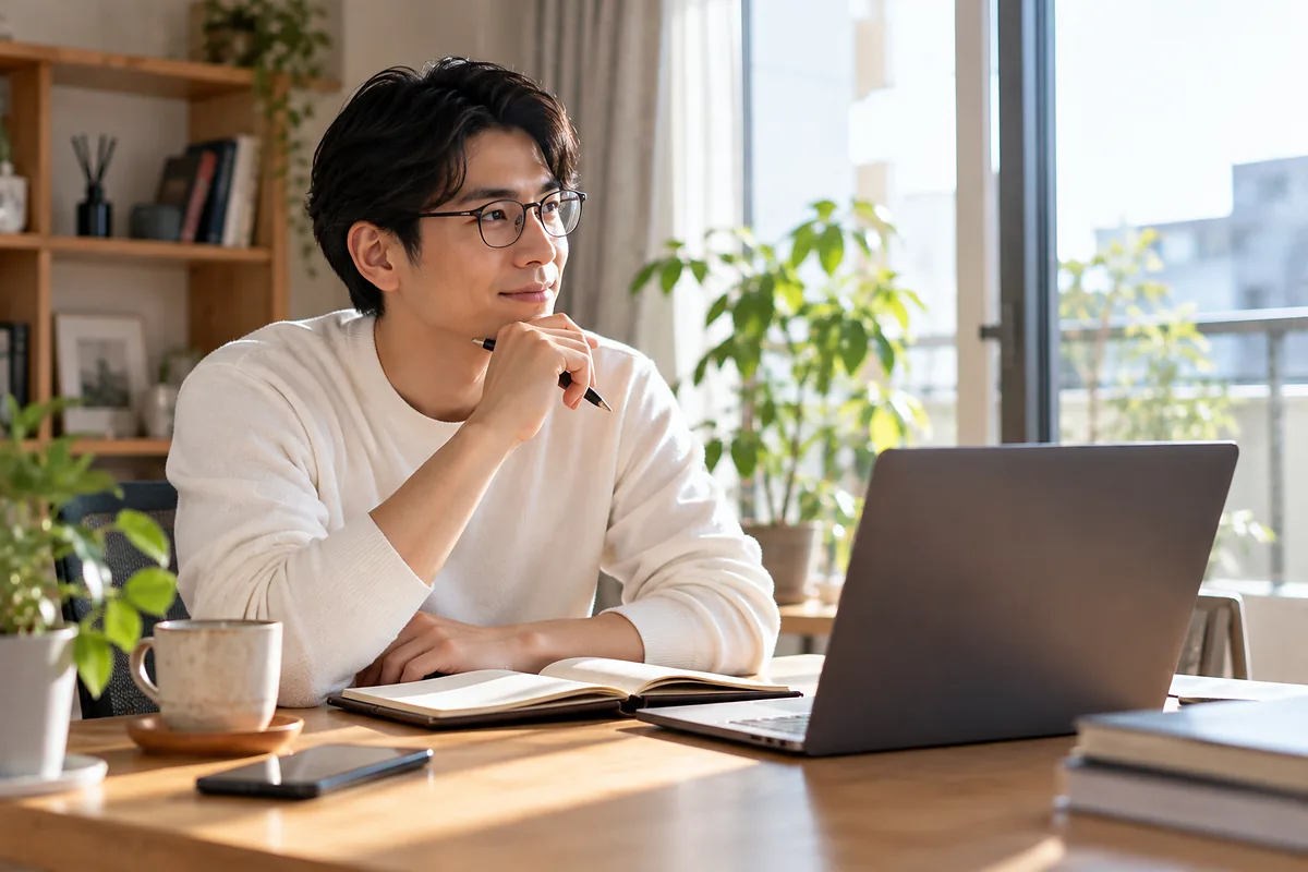 朝のデスクで手帳とノートPCを開き前を向く男性