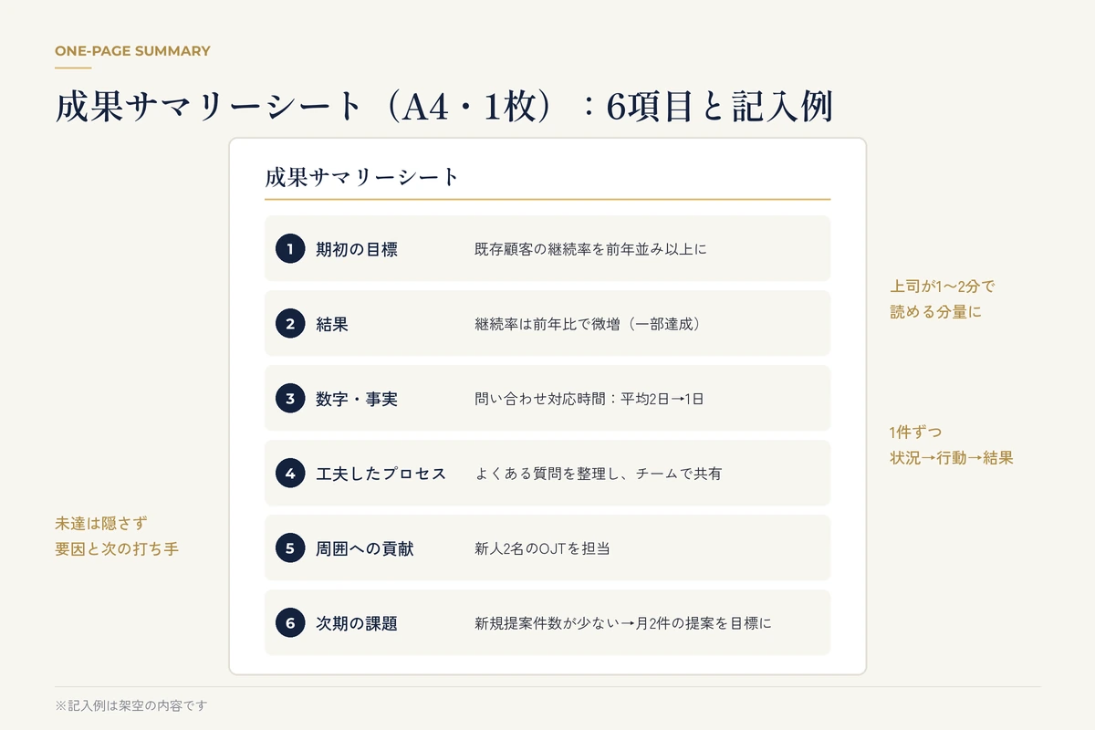 6項目と架空の記入例が入った成果サマリーシートのテンプレート