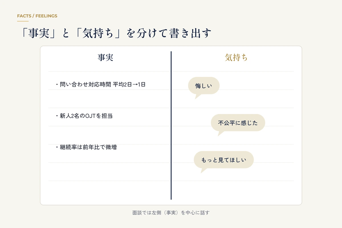 ノートを事実と気持ちの2列に分けて書き出したイラスト