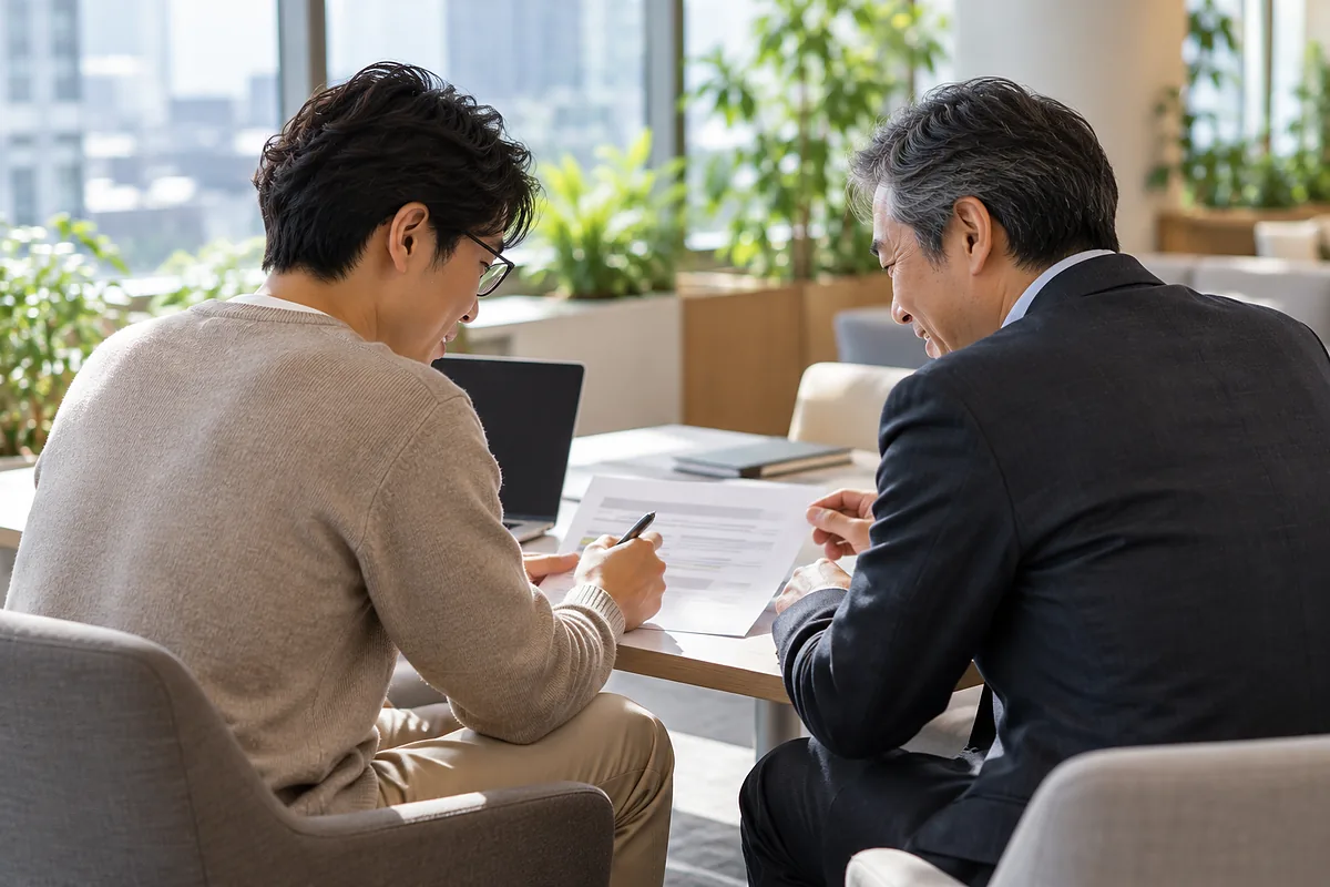 明るいミーティングスペースで資料を見ながら上司と話す若手社員の後ろ姿