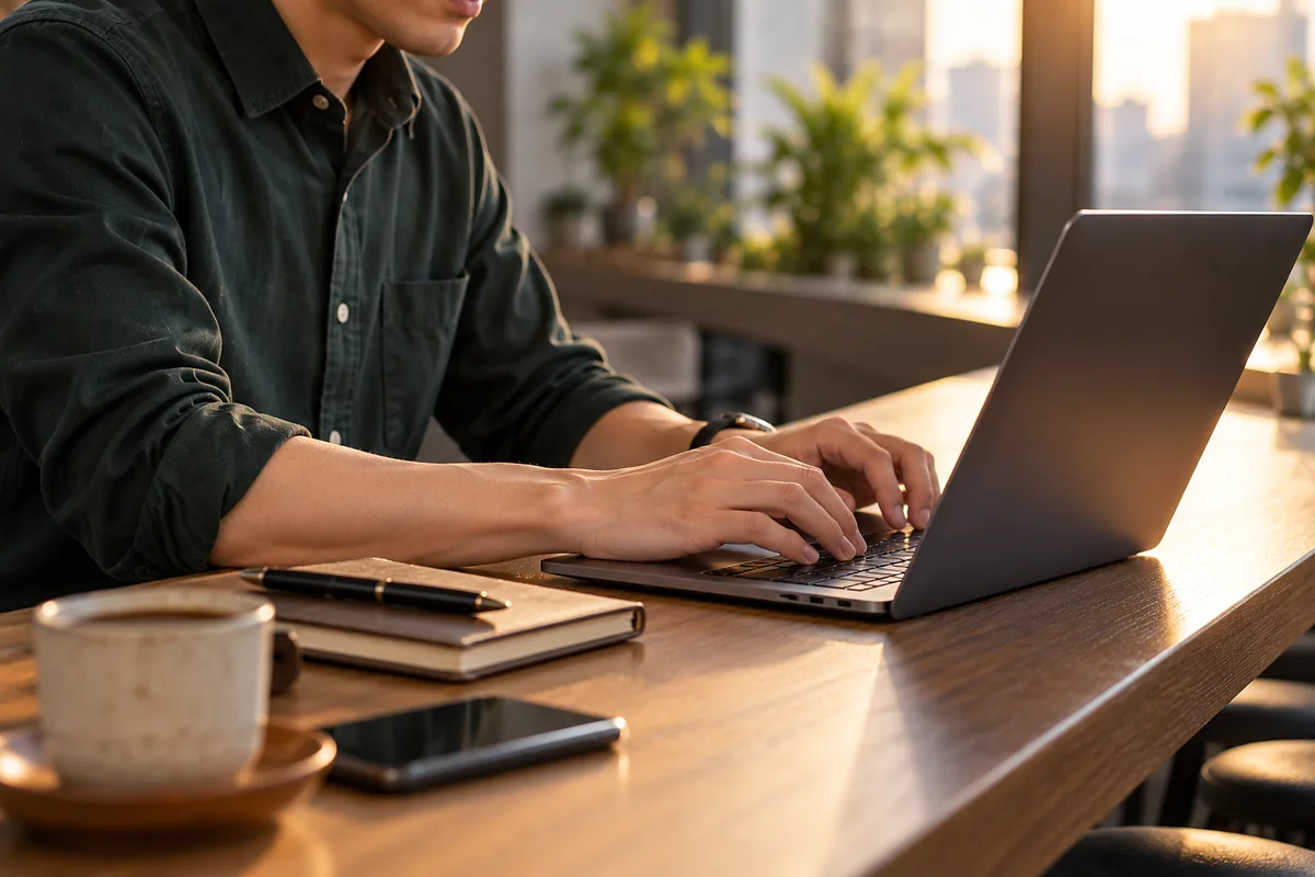 面談後にノートPCでフォローのメッセージを書く男性の手元