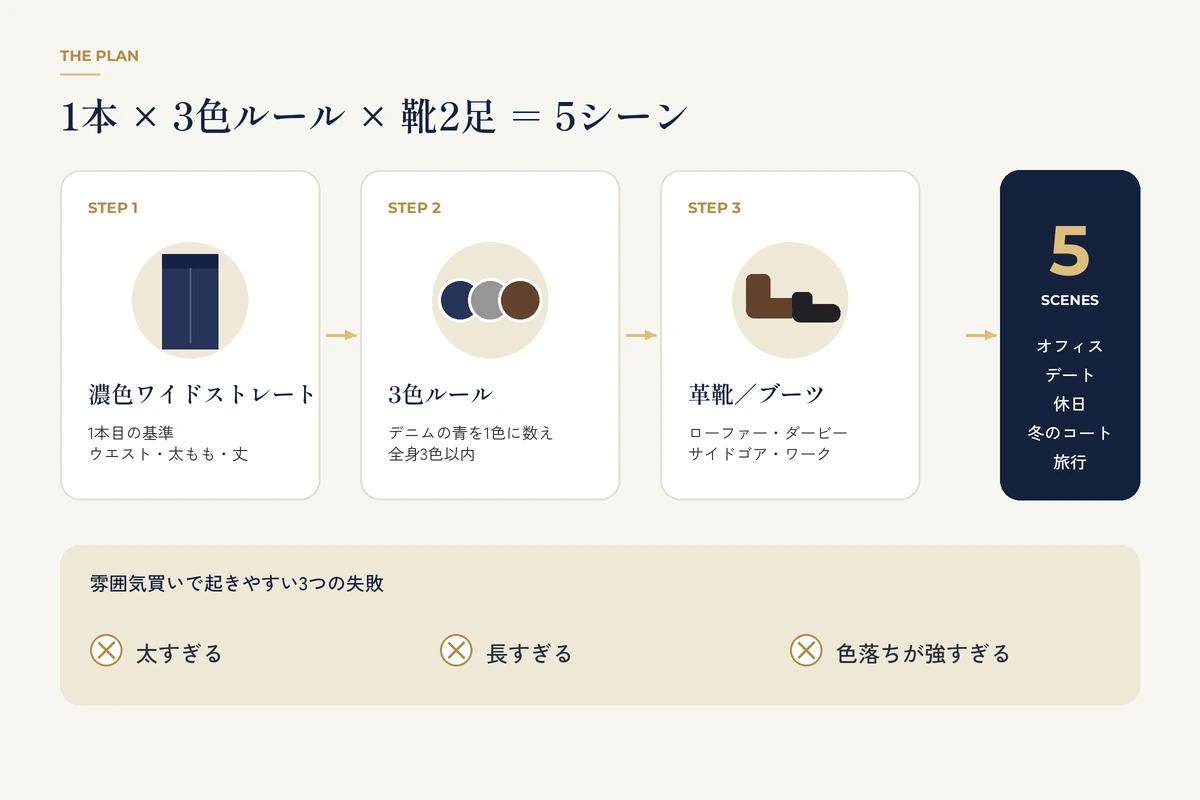 秋冬メンズデニム1本で5コーデを組む流れ