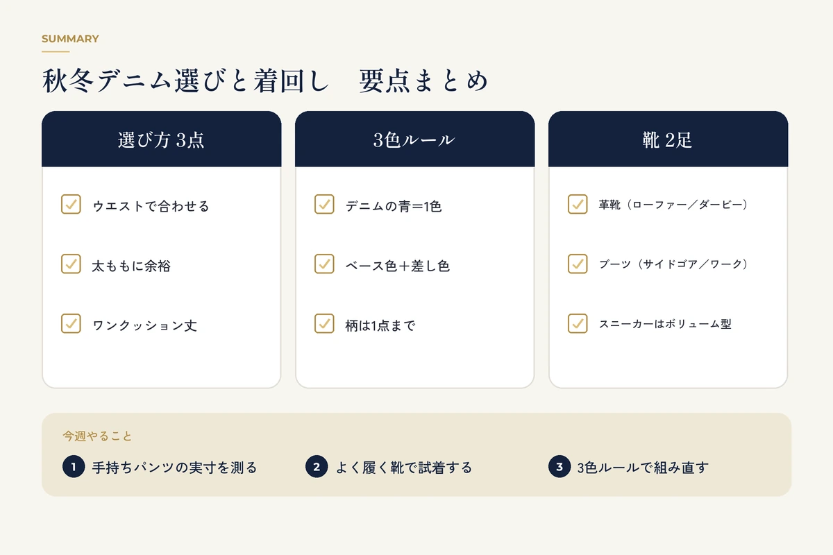 秋冬メンズデニム選びと着回しの要点まとめ