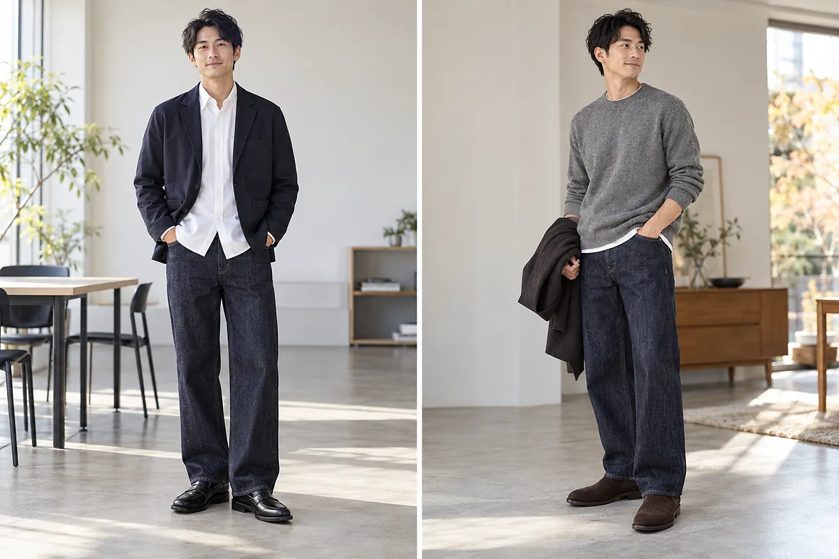 濃色ワイドデニムのオフィスカジュアルとデートコーデ