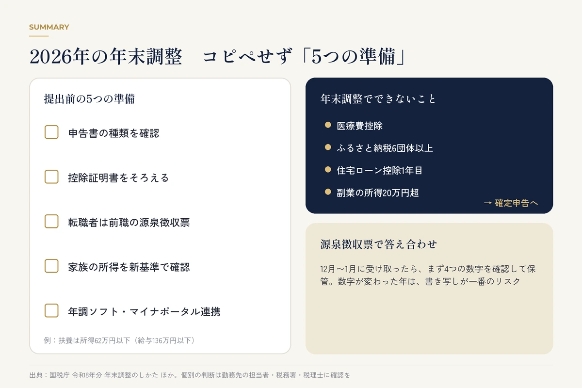 年末調整の5つの準備、確定申告が必要なケース、源泉徴収票の確認をまとめたチェックリスト