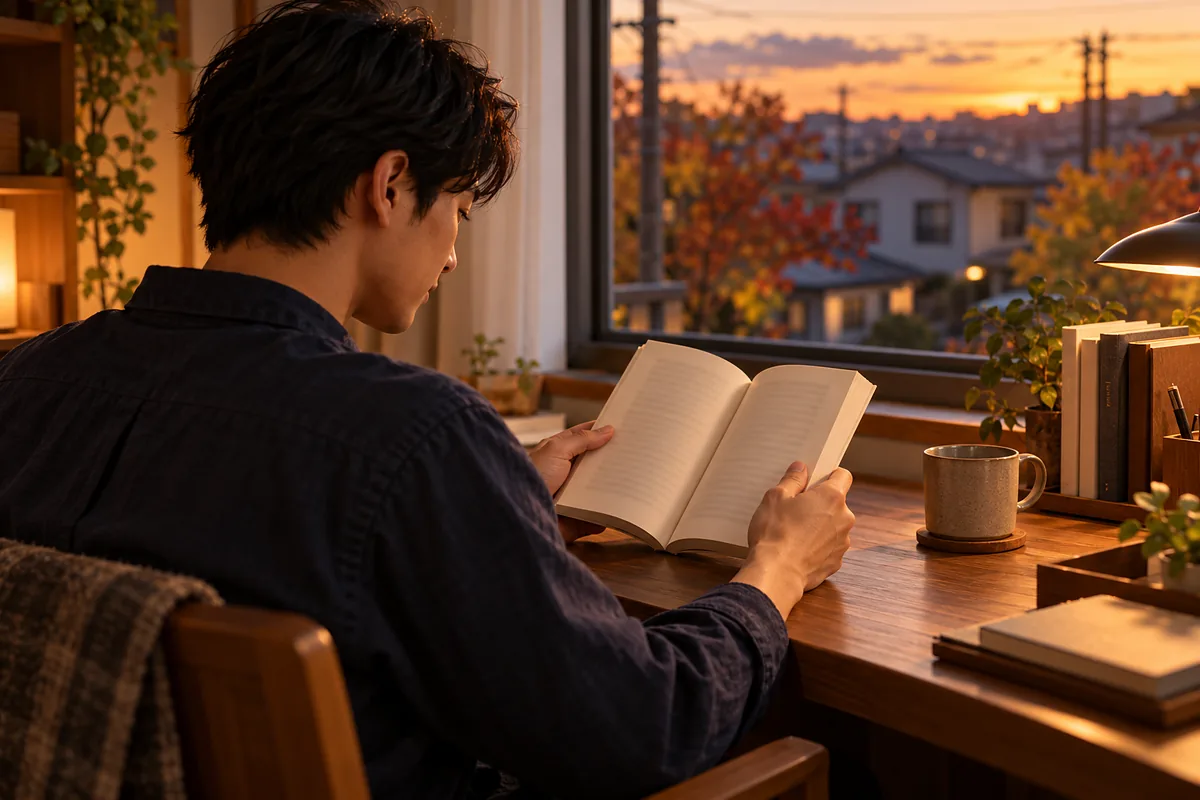 秋の夕方、自宅の机で本を開く男性の斜め後ろ姿