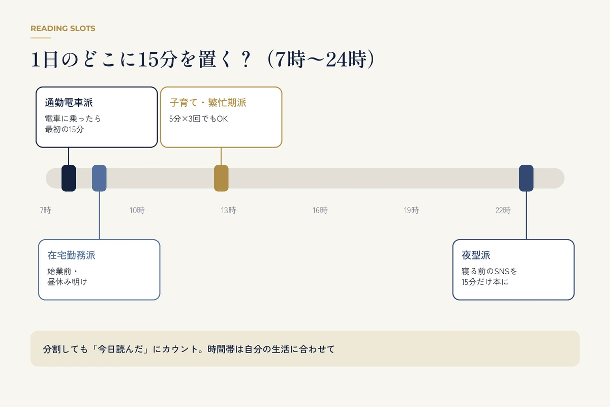 7時から24時のタイムラインに配置した生活パターン別の読書スロット