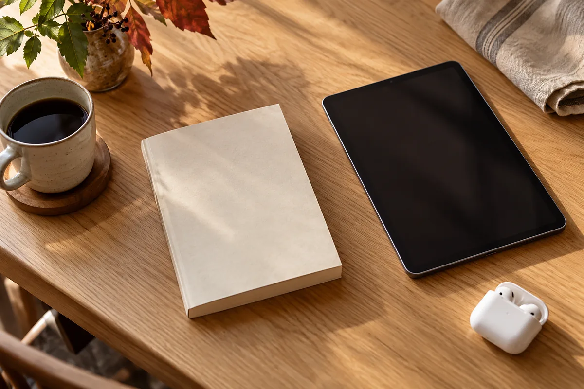 文庫本、タブレット、ワイヤレスイヤホンを並べた物撮り