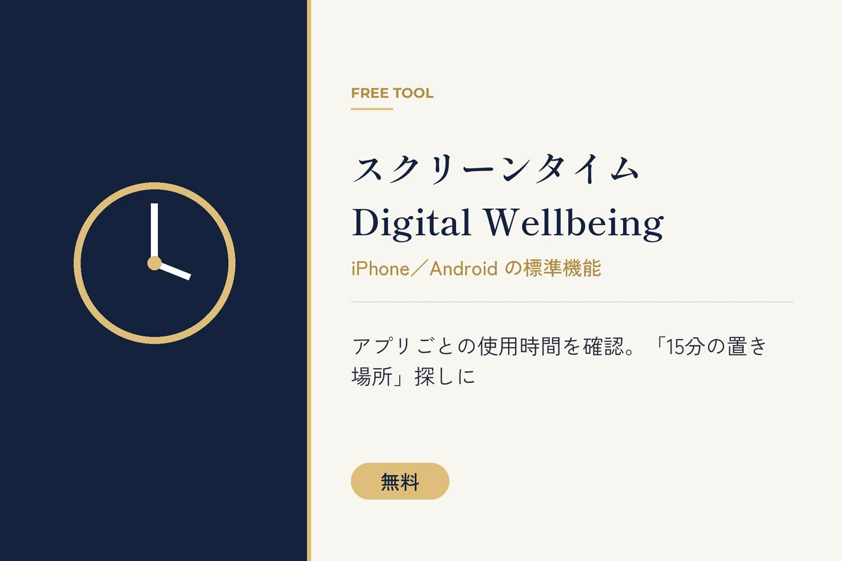 スクリーンタイム(iPhone)とDigital Wellbeing(Android)を紹介する、時計アイコン入りの無料ツールバナー