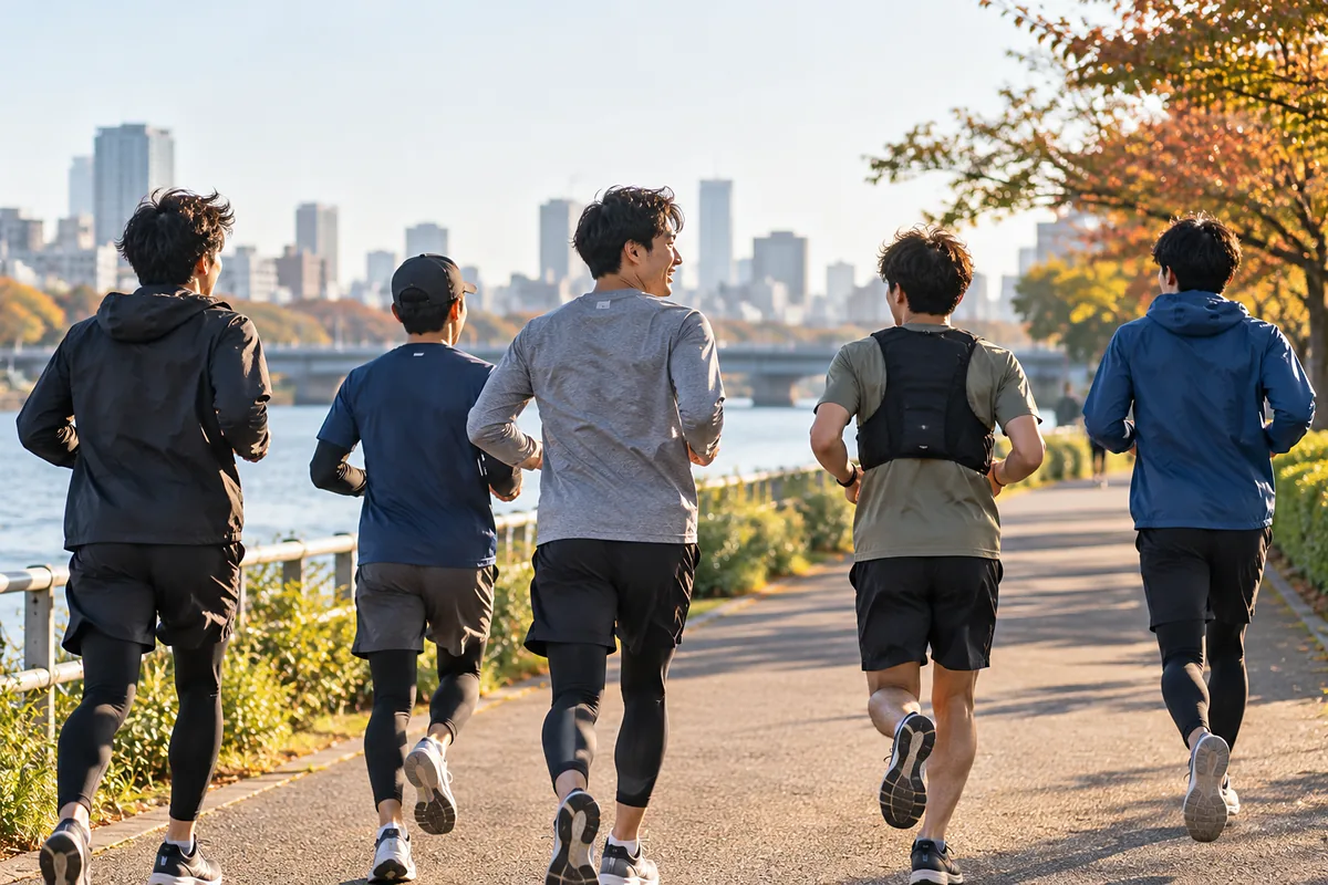 社会人のランニング練習会に参加する男性たちの後ろ姿