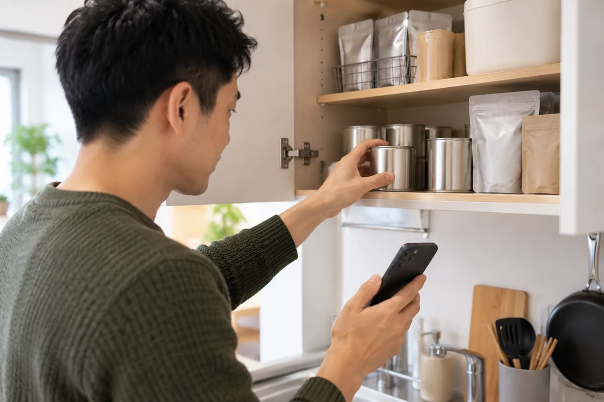 スマートフォンを手にキッチン棚の在庫を確認する男性の手元